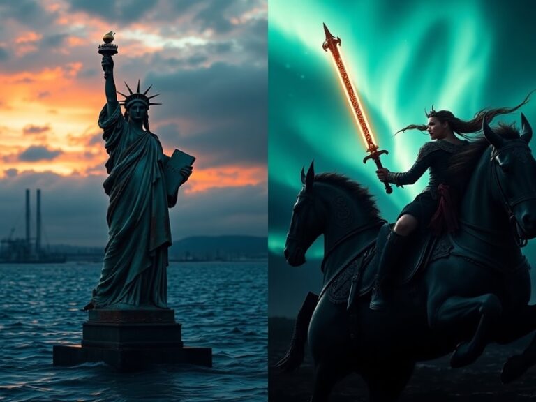 A dramatic scene of a warrior standing at a crossroads, one path illuminated by golden light (symbolizing liberty) and the ot