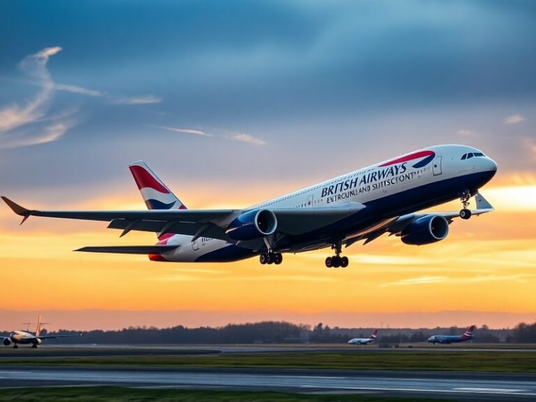 A British Airways Airbus A380 in flight, approaching London Heathrow with landing gear extended. The aircraft is painted in t