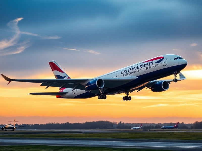A British Airways Airbus A380 in flight, approaching London Heathrow with landing gear extended. The aircraft is painted in t