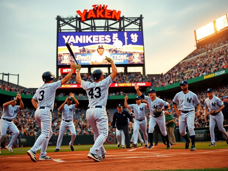 A high-energy shot of Yankee Stadium at night, with the scoreboard showing the final score of 9-3. The field is bathed in bri