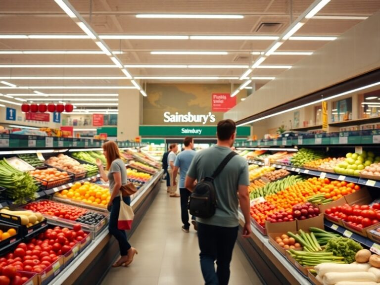 A bustling Sainsbury’s store interior from the 1970s on the left, transitioning to a modern, digitally equipped supermarket o