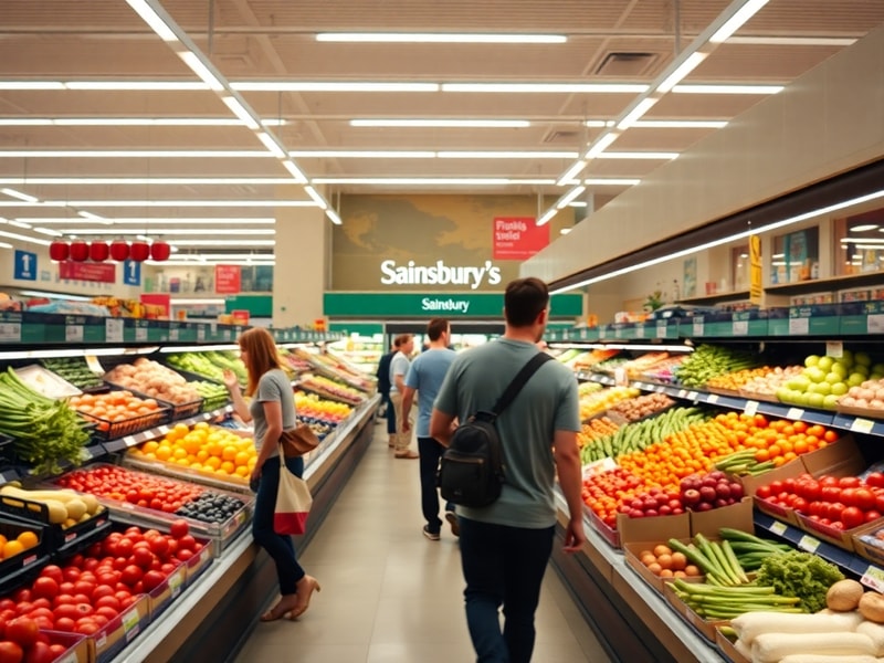 A bustling Sainsbury’s store interior from the 1970s on the left, transitioning to a modern, digitally equipped supermarket o
