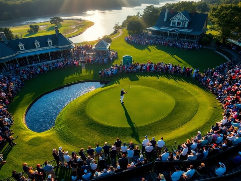 A vibrant aerial shot of TPC River Highlands during the 2024 Travelers Championship, showing spectators lining the fairways,