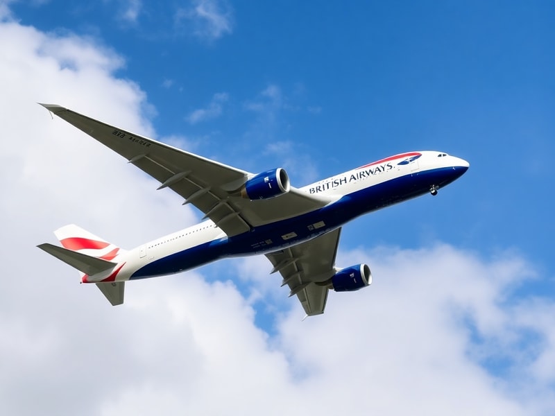 A British Airways Airbus A380 taking off from Heathrow Airport, with its four engines and distinctive double-deck silhouette