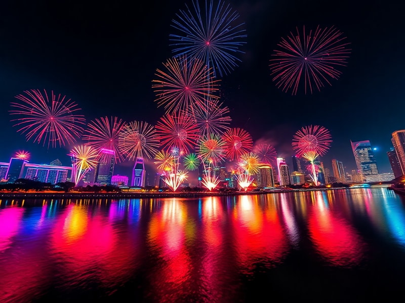 A vibrant night sky filled with dazzling fireworks in multiple colors, reflecting over a serene body of water with silhouette