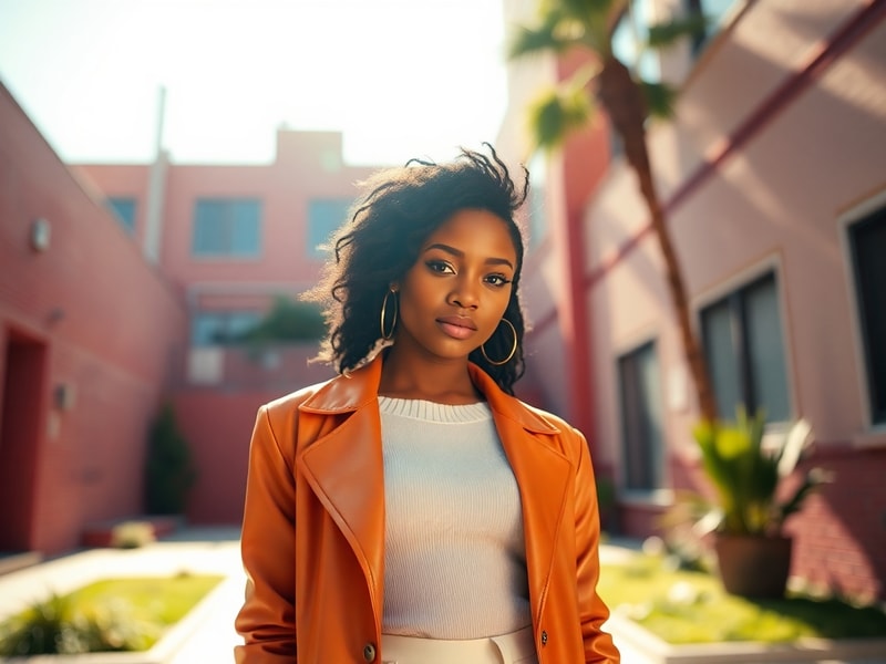 A vibrant, cinematic portrait of Marsai Martin on a Los Angeles film set, dressed in a bold, modern outfit with natural hair
