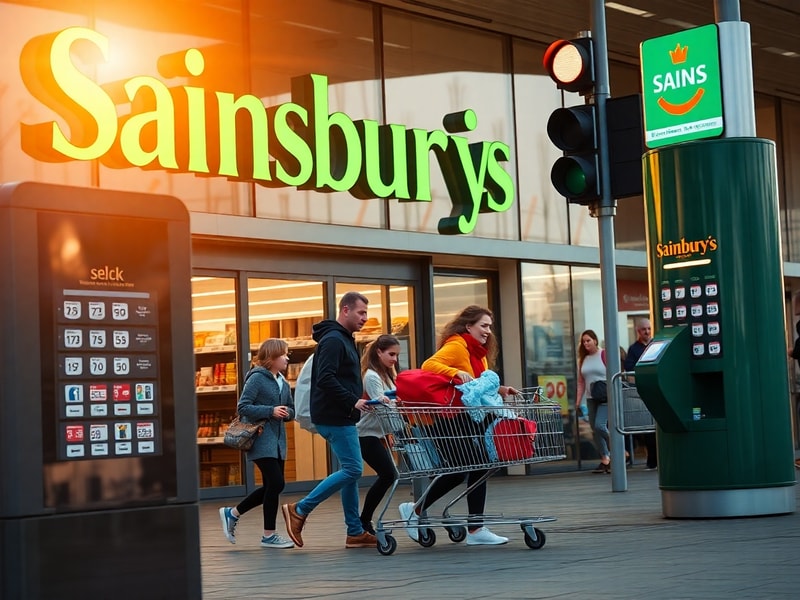 A bustling Sainsbury’s store interior with shoppers, bright lighting, and shelves stocked with branded and own-label products
