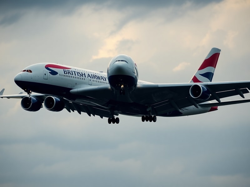 A British Airways Airbus A380 taking off from London Heathrow, with its four engines roaring and landing gear retracting agai