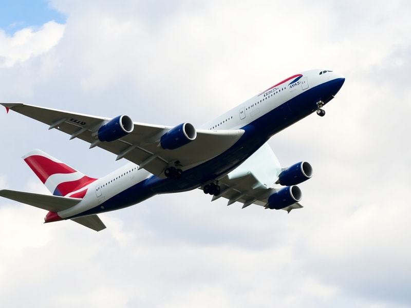 A British Airways Airbus A380 in flight, captured from below against a cloudy sky, showing its massive wingspan and four engi