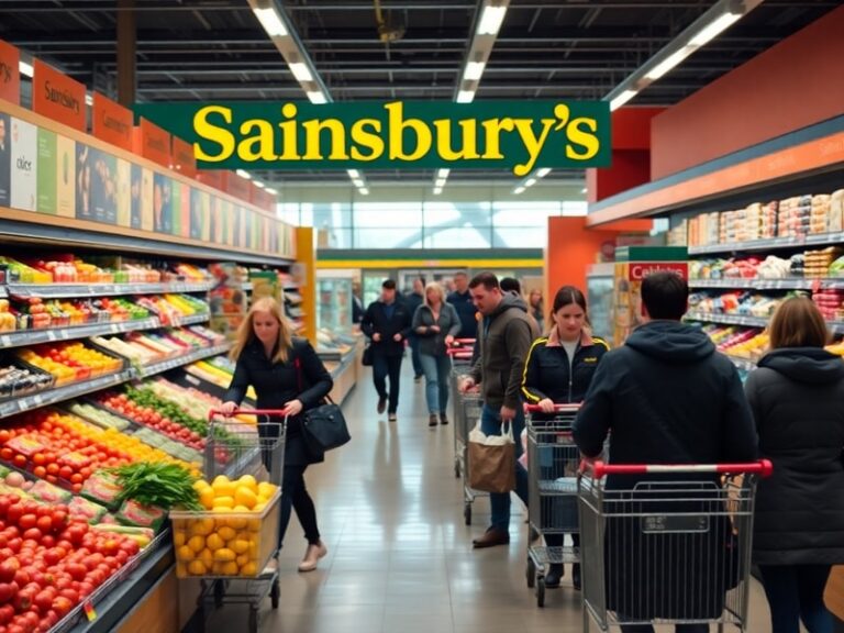 A well-lit Sainsbury’s supermarket interior from the 1960s, showing wooden counters, glass jars of sweets, and a smiling cash