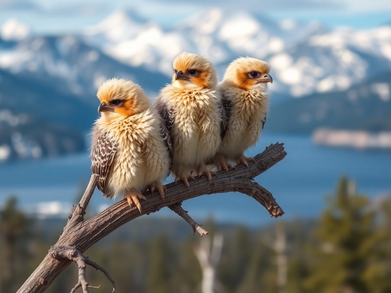 A high-angle view of a bald eagle nest in a Jeffrey pine tree in the San Bernardino Mountains, with two fluffy eaglets—Sandy