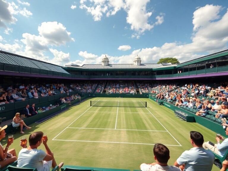 Sunlit Wimbledon Centre Court with Centre Court 3 expansion visible, players warming up on grass, digital scoreboard in backg