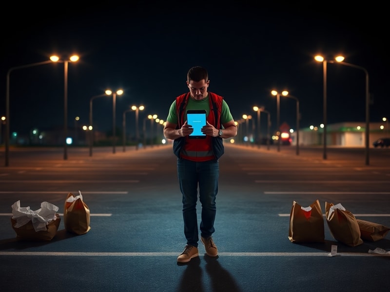 A split-screen image showing a DoorDash app with an error message on one side and a frustrated customer holding a phone on th