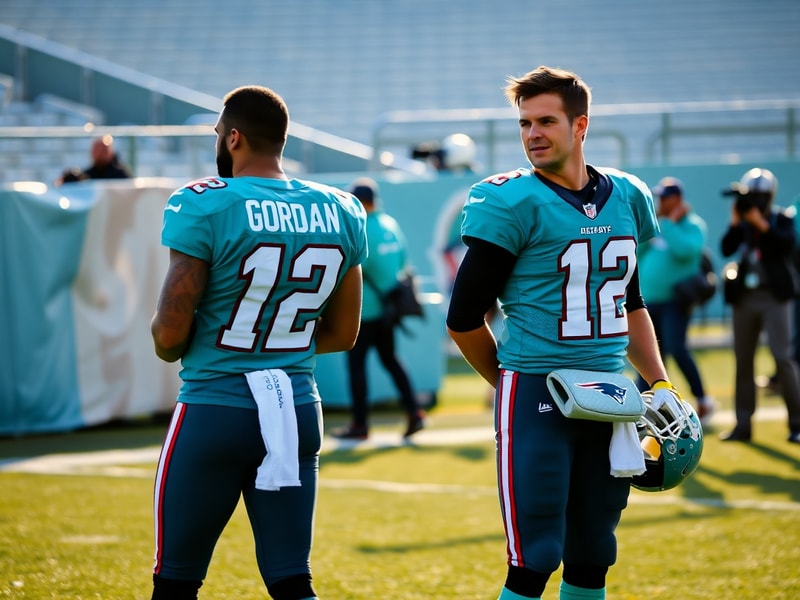 A photo of Tom Brady and Josh Gordon in Patriots uniforms during a game, capturing Brady mid-throw and Gordon running a route