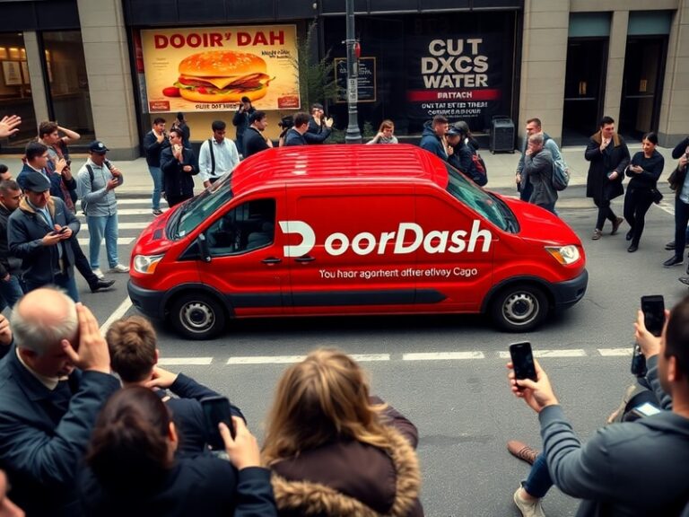 A split-screen illustration showing a DoorDash app frozen on a phone screen alongside a frustrated delivery driver standing o