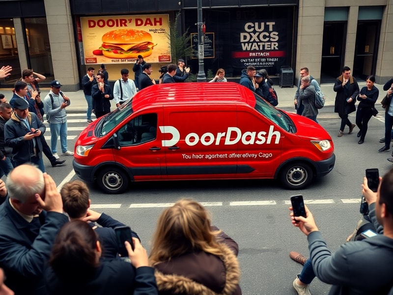 A split-screen illustration showing a DoorDash app frozen on a phone screen alongside a frustrated delivery driver standing o