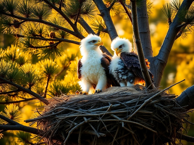 A golden eagle eaglet, named Sandy, perched on a rocky outcrop in the San Bernardino Mountains. The scene captures the rugged