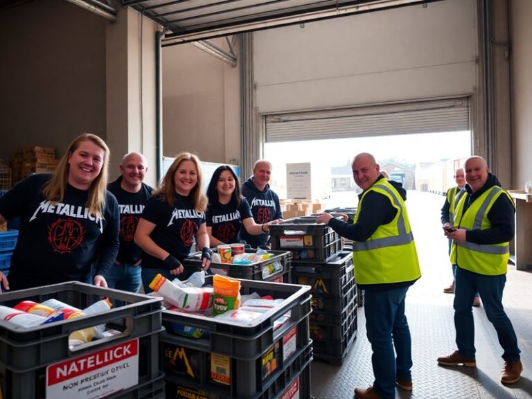 A split-image scene: on the left, Metallica performing on stage under bright lights; on the right, a volunteer packing food p