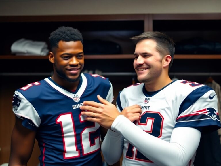 A dynamic action shot of Josh Gordon leaping to catch a deep pass from Tom Brady in a Cleveland Browns uniform, with Brady mi