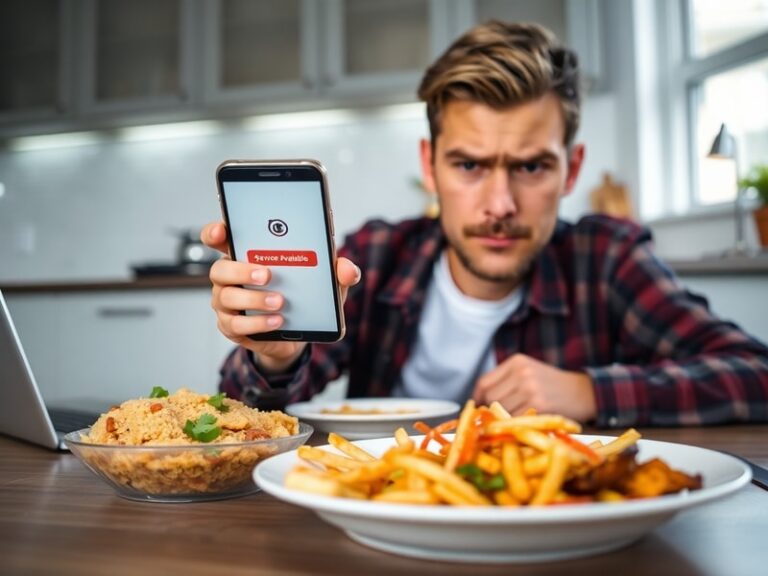 A split-screen image: on the left, a frustrated user staring at a frozen DoorDash app on a smartphone; on the right, a DoorDa