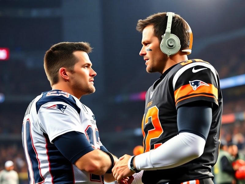 A candid shot of Josh Gordon and Tom Brady during a 2018 New England Patriots practice, with Brady offering guidance and Gord