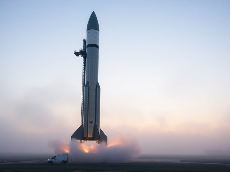 A high-angle shot of a SpaceX Starship prototype standing on a launchpad at twilight, with vapor clouds billowing around its