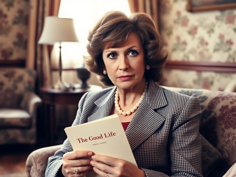 A warm, nostalgic portrait of Penelope Keith in character as Margo Leadbetter from The Good Life, wearing a floral dress and