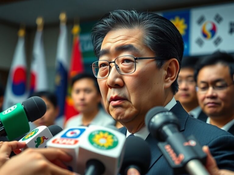A split-image visual: on the left, South Korean President Yoon Suk-yeol speaking at a podium with a serious expression; on th