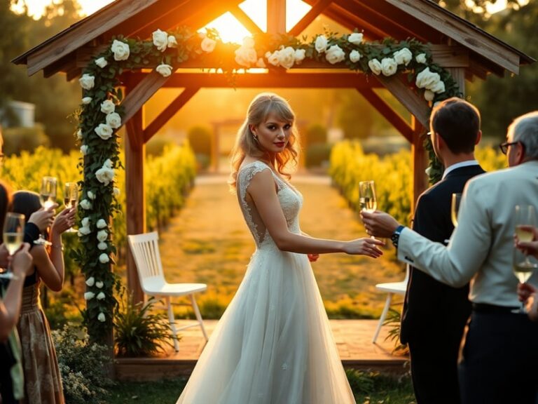 A cinematic, golden-hour photograph of a rustic vineyard or historic estate at dusk, with string lights and a grand archway.