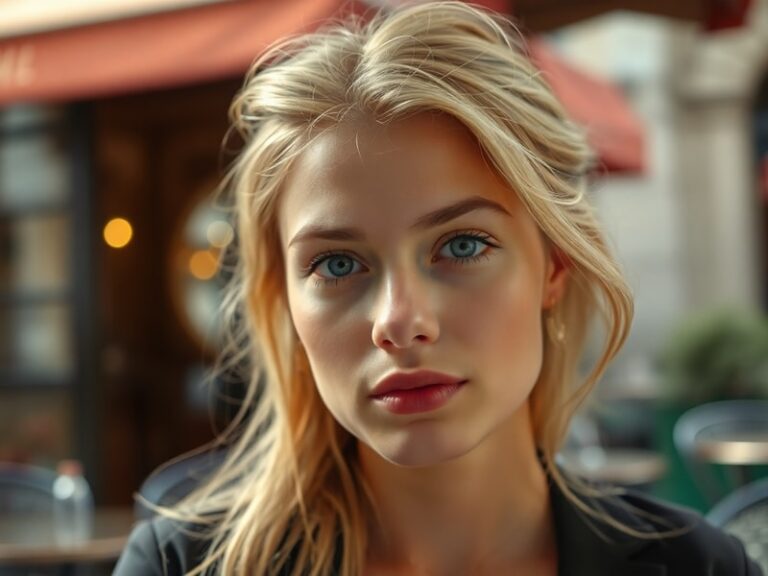 A stylish portrait of Thylane Blondeau in a minimalist white outfit, standing in a sunlit Parisian café, with a Cartier campa