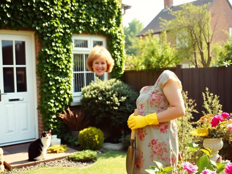 A warm portrait of Penelope Keith in character as Barbara Good from The Good Life, wearing a floral apron in a 1970s-style ga
