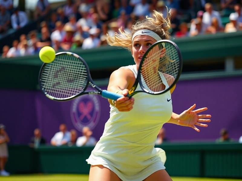 Harriet Dart mid-match on a grass court at Wimbledon, wearing a white Nike outfit, focused expression, and preparing to serve