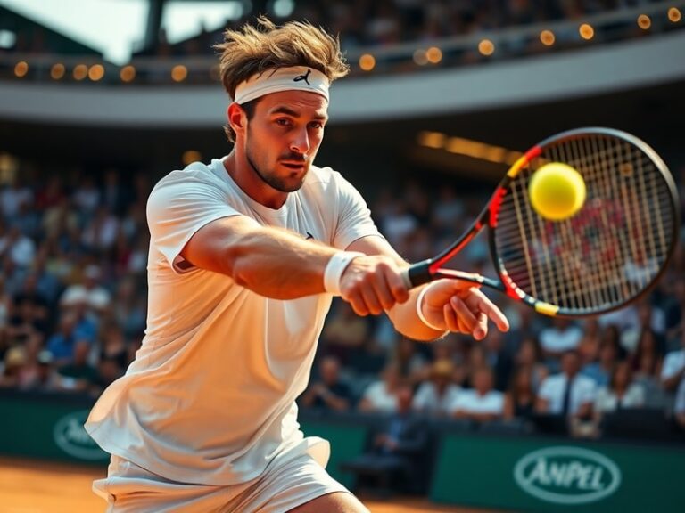 Miomir Kecmanović in mid-match action on a clay court, wearing a blue and white tennis outfit, focused expression, surrounded