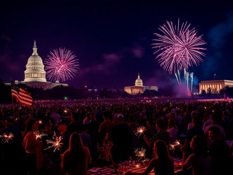 A vibrant night scene of a Fourth of July fireworks display over a city skyline, with American flags and multicultural crowds