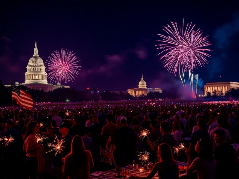 A vibrant night scene of a Fourth of July fireworks display over a city skyline, with American flags and multicultural crowds
