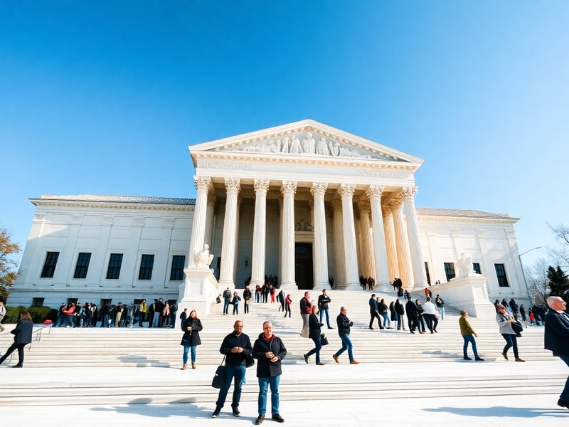 A formal illustration of the U.S. Supreme Court building at dusk, with the iconic columns and steps bathed in golden light. T