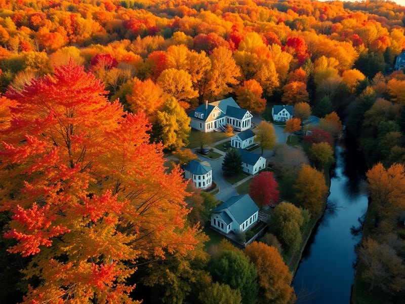 A vibrant collage of Connecticut landmarks: a historic lighthouse on the shoreline, a bustling pizza kitchen in New Haven, a