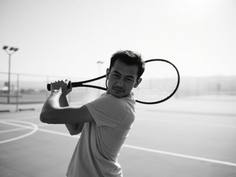 Miomir Kecmanović in mid-match action on a clay court, wearing a blue and white tennis outfit, focused expression, surrounded