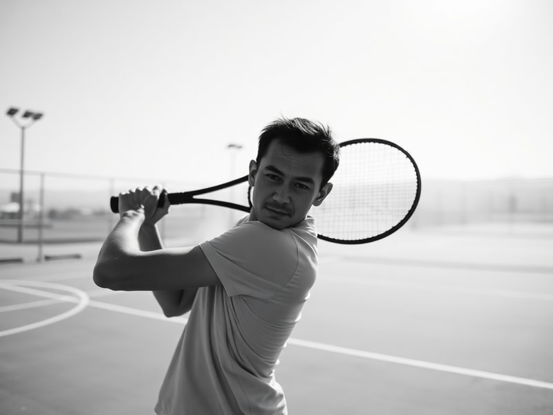 Miomir Kecmanović in mid-match action on a clay court, wearing a blue and white tennis outfit, focused expression, surrounded