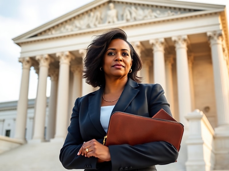 A formal portrait of Lisa Cook in a Supreme Court robe, surrounded by subtle imagery of global landmarks (e.g., the Eiffel To