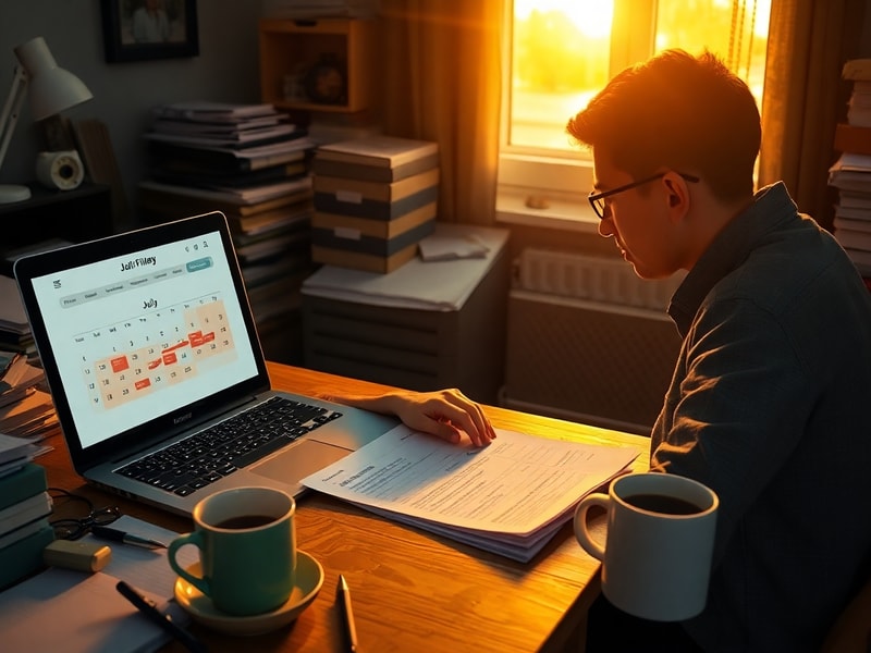 A professional desk scene with a laptop displaying HMRC’s online tax portal, a calendar marked 31 July, a calculator, and a p