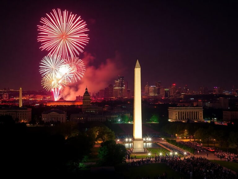 A vibrant Fourth of July scene with fireworks illuminating a diverse crowd in a city park, blending historical reenactments w