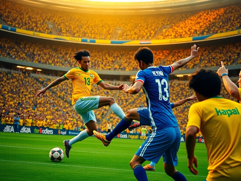 A dynamic mid-action shot of Brazil's Vinícius Júnior dribbling past Japan's Hidemasa Morita during the 2024 Copa América mat