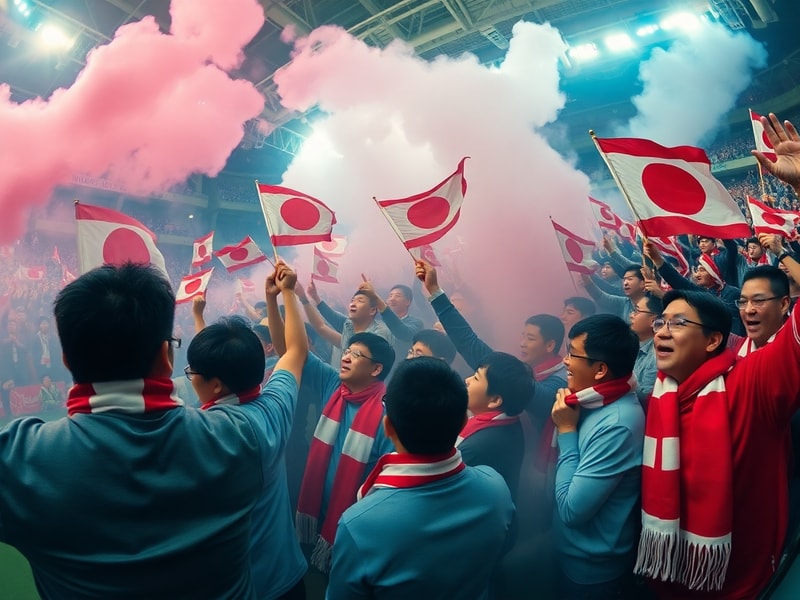 A dynamic shot of Japan FC players celebrating on a modern stadium pitch, with corporate logos visible on the stands and digi