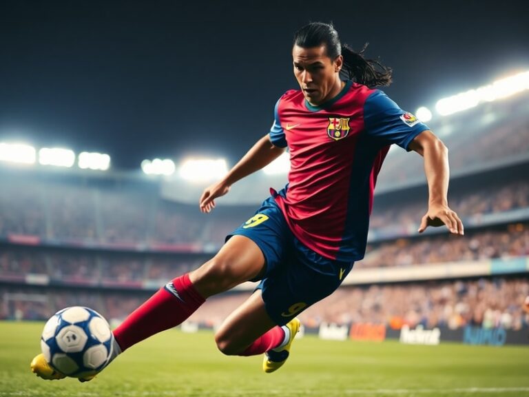 A dynamic mid-2000s action shot of Ronaldinho in a Barcelona jersey, dribbling past a defender at Camp Nou with a joyful expr