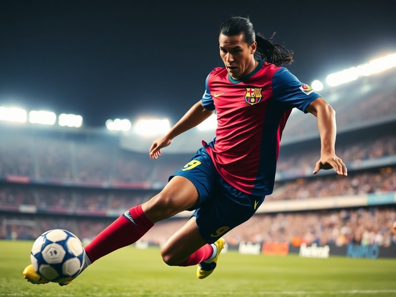 A dynamic mid-2000s action shot of Ronaldinho in a Barcelona jersey, dribbling past a defender at Camp Nou with a joyful expr