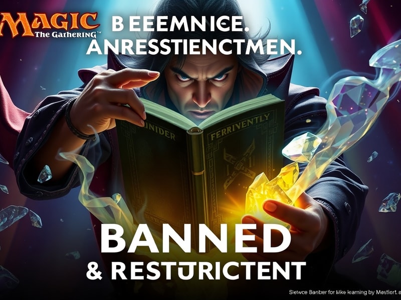 A split-screen image showing a competitive MTG table with banned cards like Umezawa’s Jitte and Fable of the Mirror-Breaker h