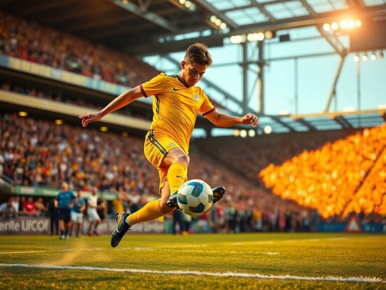 A vintage-style soccer stadium during extra time at dusk, with a player celebrating a golden goal while teammates rush to joi