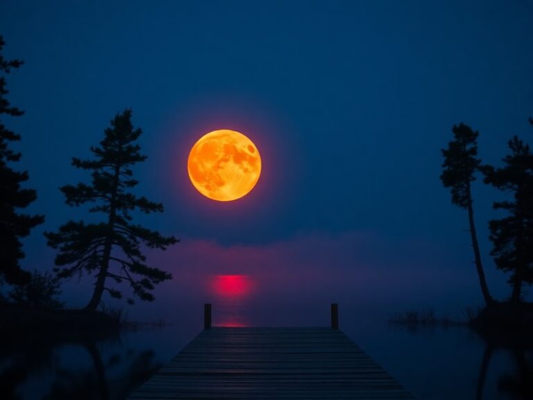 A serene night sky with a large, golden Strawberry Moon rising above a calm lake, surrounded by silhouetted trees and a dista