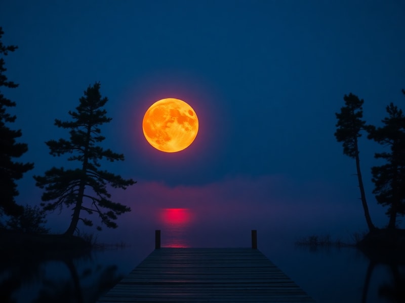 A serene night sky with a large, golden Strawberry Moon rising above a calm lake, surrounded by silhouetted trees and a dista